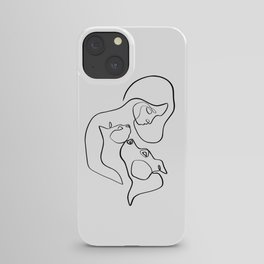 Cat and Dog with Woman, Minimalist Line Art in Black and White iPhone Case