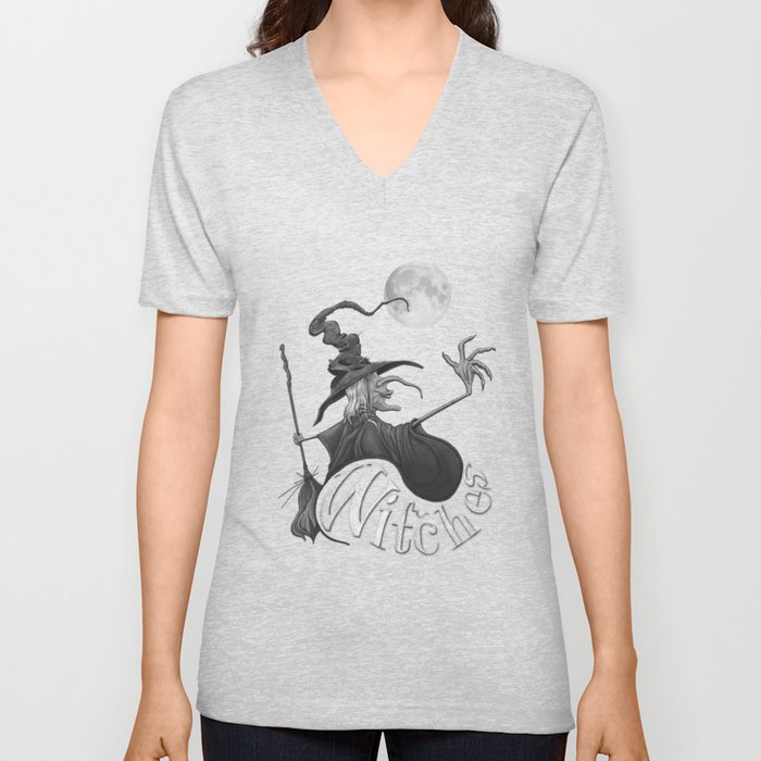 Black and White Witch V Neck T Shirt