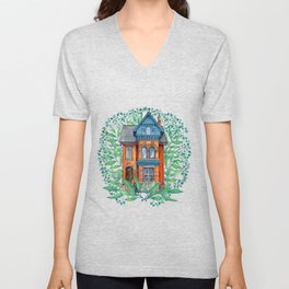 magic  victorian house and green leaves on white background  V Neck T Shirt