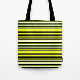 [ Thumbnail: Yellow, Dark Olive Green, Light Yellow, and Black Colored Lines Pattern Tote Bag ]