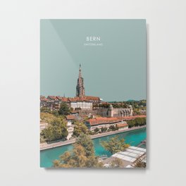Bern, Switzerland Travel Artwork Metal Print | Central, Swiss, Town, City, Church, Skyline, Vintage, Green, Enviornment, Canal 