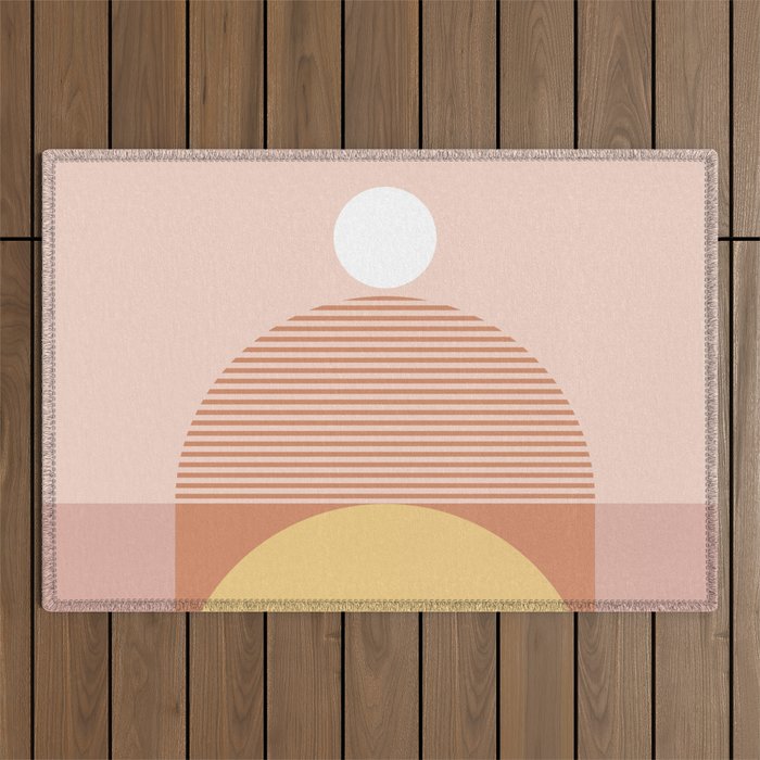 Abstraction Shapes 21 in Brown and Gold (Sunrise and Arch Abstract) Outdoor Rug