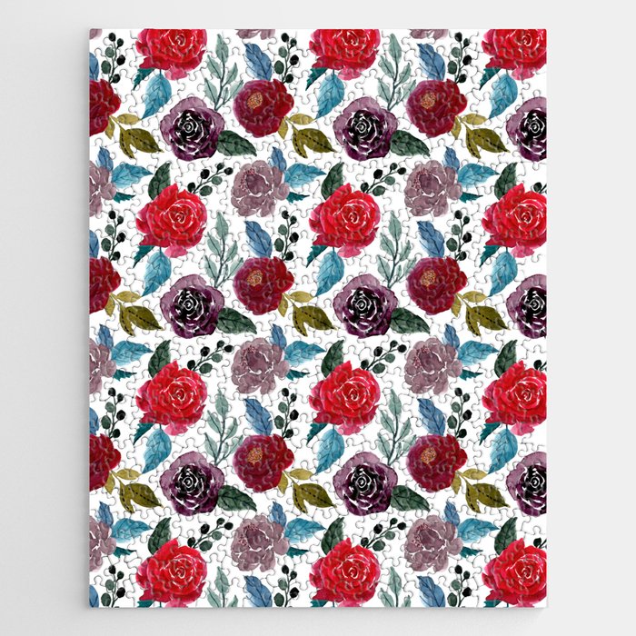 Red and burgundy watercolor flowers Jigsaw Puzzle
