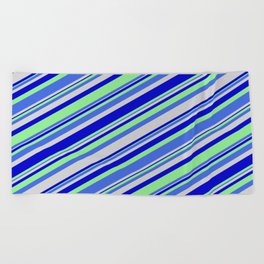 [ Thumbnail: Light Green, Royal Blue, Light Grey, and Blue Colored Lines Pattern Beach Towel ]