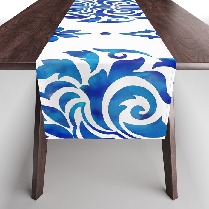 Blue and White Watercolor Damask Table Runner