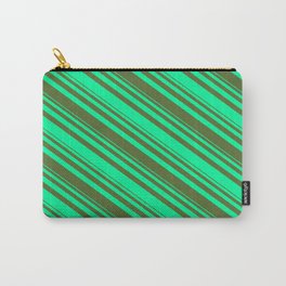 [ Thumbnail: Dark Olive Green and Green Colored Lines Pattern Carry-All Pouch ]