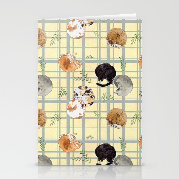Sleeping Cats Pattern/Hand-drawn in Watercolour/Yellow Check Background Stationery Cards