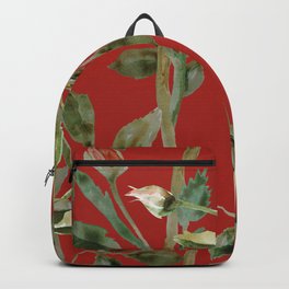 Rose branches and leaves on red Backpack | Bigscale, Green, Rose, Red, Digital, Watercolor, Curated, Nature, Painting, Branch 