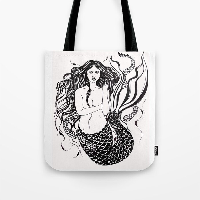 Angry Mermaid Ink Drawing Tote Bag