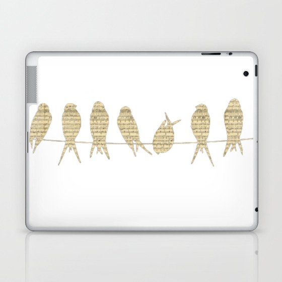 Beige Birds With Musical Score Background Collage For Kids Laptop & iPad Skin