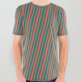 [ Thumbnail: Dark Cyan & Red Colored Striped Pattern All Over Graphic Tee ]
