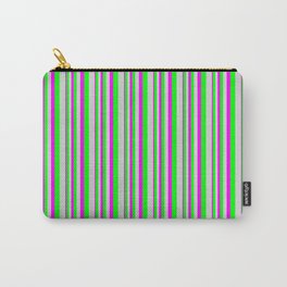 [ Thumbnail: Fuchsia, Lime, and Light Grey Colored Lined/Striped Pattern Carry-All Pouch ]