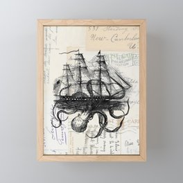 Octopus Kraken Attacking Ship on Old Postcards Framed Mini Art Print