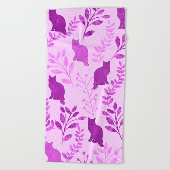 Watercolor Floral and Cat V Beach Towel