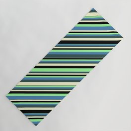 [ Thumbnail: Colorful Green, Blue, Dark Slate Gray, Light Yellow, and Black Colored Stripes/Lines Pattern Yoga Mat ]
