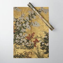 White Red Chrysanthemums Floral Japanese Gold Screen Wrapping Paper