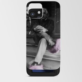 Satirical Einstein in Fuzzy Pink Slippers Classic E = mc² Black and White Satirical Photography  iPhone Card Case