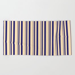 [ Thumbnail: Midnight Blue and Beige Colored Lines Pattern Beach Towel ]