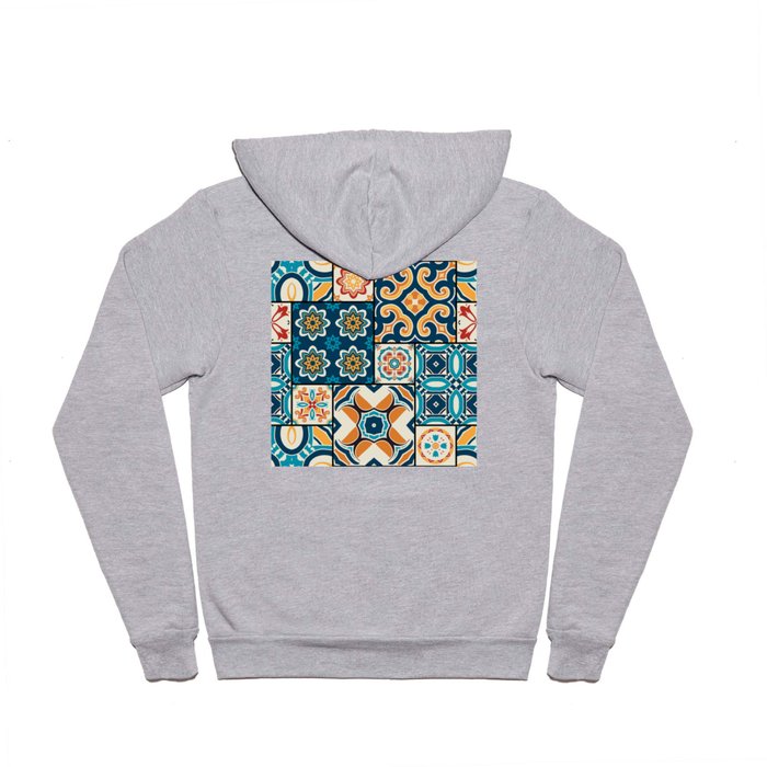 Traditional ornate portuguese decorative color tiles azulejos. Abstract background. Vintage hand drawn illustration, typical portuguese tiles, Ceramic tiles. Seamless pattern.  Hoody