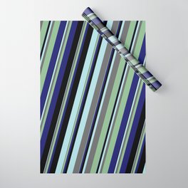 [ Thumbnail: Powder Blue, Dim Gray, Dark Sea Green, Midnight Blue, and Black Colored Lines/Stripes Pattern Wrapping Paper ]