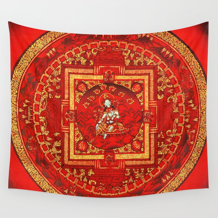 White Tara Crimson Gold Mandala Wall Tapestry