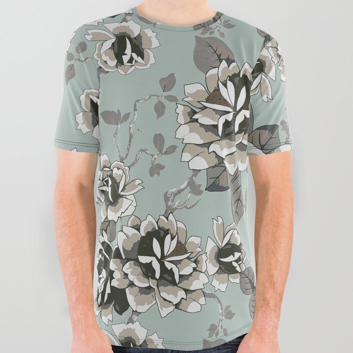 Spring Flowers Pattern Brown on Mint Pastel Blue All Over Graphic Tee