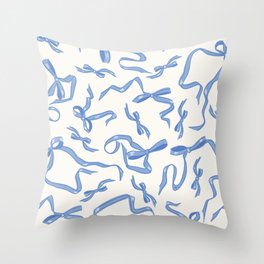 Blue Velvet Bows, White Throw Pillow