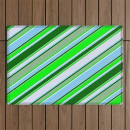 [ Thumbnail: Eye-catching Dark Sea Green, Lime, Lavender, Light Sky Blue, and Dark Green Colored Stripes Pattern Outdoor Rug ]