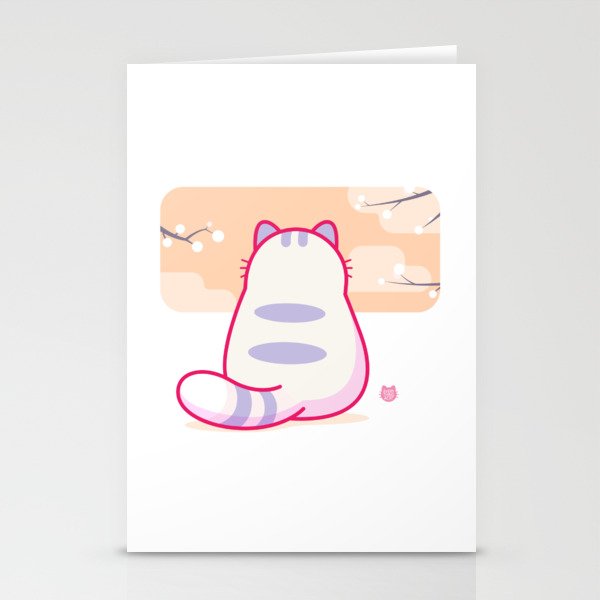 Cute Kawaii Cat Looking at Cherry Blossoms Stationery Cards