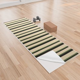 [ Thumbnail: Dark Olive Green, Tan & Black Colored Striped Pattern Yoga Towel ]