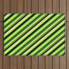 [ Thumbnail: Vibrant Tan, Light Green, Green, Black & Forest Green Colored Pattern of Stripes Outdoor Rug ]