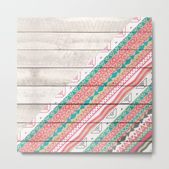 Andes Tribal Aztec Coral Teal Chevron Wood Pattern Metal Print