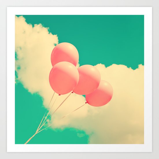 Happy Pink Balloons on retro blue sky Art Print