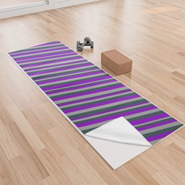 [ Thumbnail: Dark Violet, Dark Gray, and Dark Slate Gray Colored Striped Pattern Yoga Towel ]