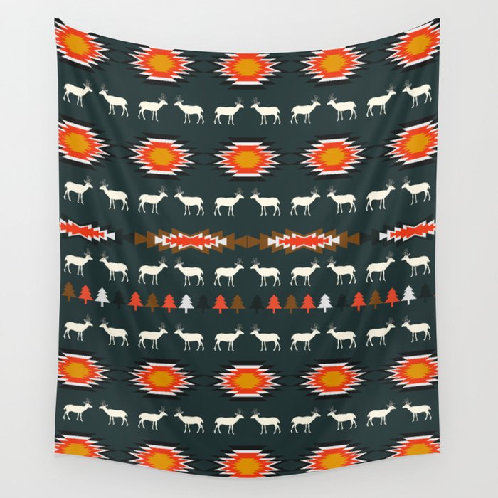 Ethnic deer pattern with Christmas trees Wall Tapestry