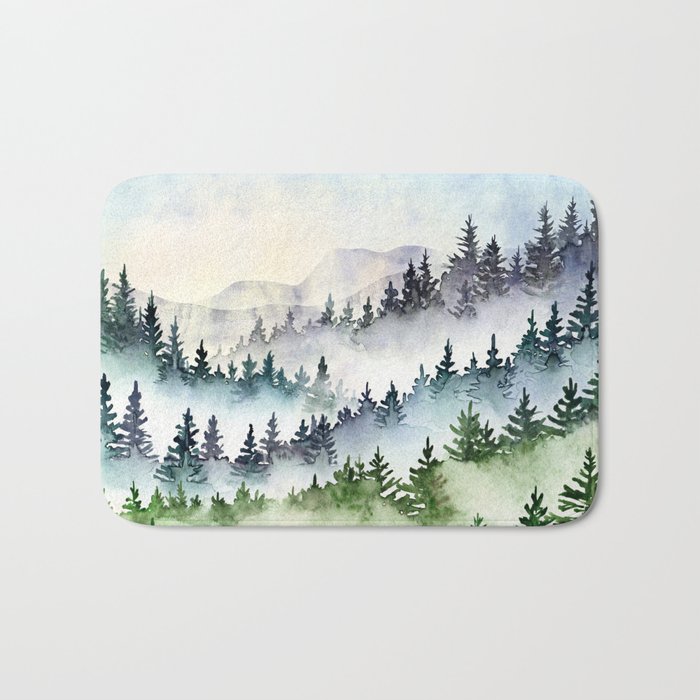 Misty Mountain Pines - Foggy Forest Watercolor Painting Bath Mat