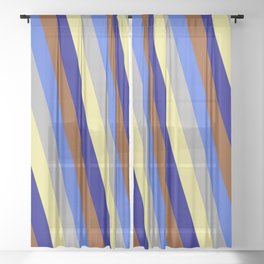 [ Thumbnail: Vibrant Royal Blue, Dark Grey, Tan, Blue, and Brown Colored Lines/Stripes Pattern Sheer Curtain ]