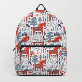Scandinavian Inspired Folkstory - Red + Blue Backpack | Graphicdesign, Swedish, Fairytale, Folk Style, Folk Tale, Christmas, Folk, Dala Horse, Flower, Unicorn 