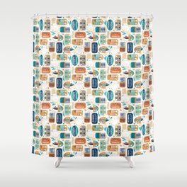 Vintage canned sardines // white background peacock teal and gold drop orange cans  Shower Curtain