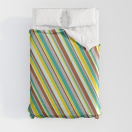 [ Thumbnail: Colorful Grey, Light Sea Green, Yellow, Light Cyan & Sienna Colored Pattern of Stripes Duvet Cover ]