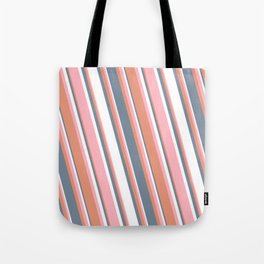[ Thumbnail: Light Pink, Dark Salmon, Light Slate Gray & White Colored Striped Pattern Tote Bag ]