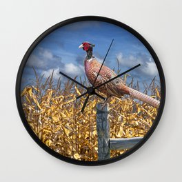 Ringneck Pheasant sitting on a fence post by a cornfield Wall Clock