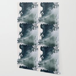 Lakeside: a minimal, abstract, watercolor and ink piece in shades of blue and green Wallpaper