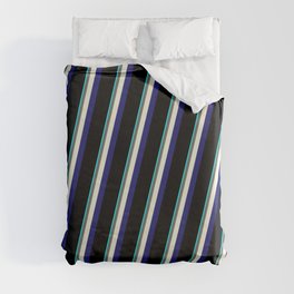 [ Thumbnail: Eye-catching Aqua, Dim Gray, Beige, Midnight Blue & Black Colored Stripes Pattern Duvet Cover ]