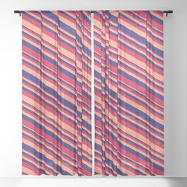 [ Thumbnail: Light Salmon, Midnight Blue & Crimson Colored Lines/Stripes Pattern Sheer Curtain ]
