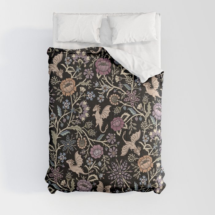 Pollinator Dragons - fantasy, goth floral - muted jewel tones on black Comforter