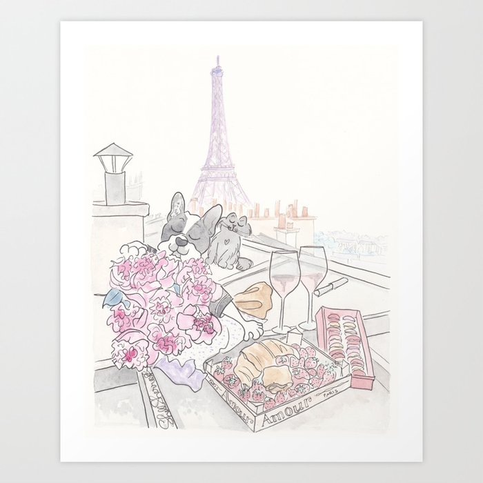 Paris Rooftop Picnic with French Bulldog and Black Cat Art Print