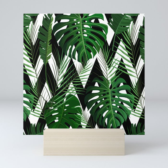 Geometrical green black white tropical monster leaves Mini Art Print