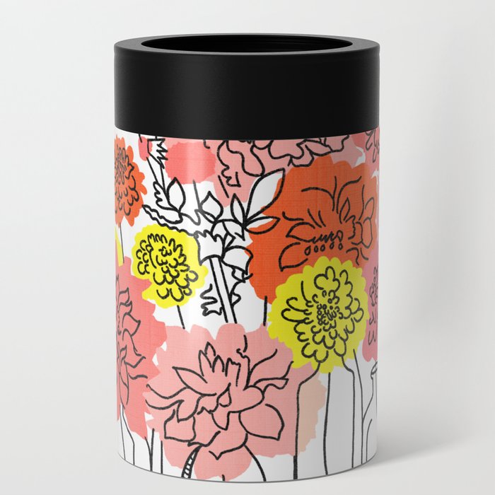 Retro Modern Floral Bottle Bouquet Orange and Yellow Can Cooler