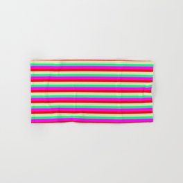 [ Thumbnail: Eyecatching Red, Tan, Green, and Magenta Lined Pattern Hand & Bath Towel ]